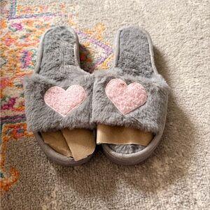 Gray Fuzzy Slippers with Pink Heart
